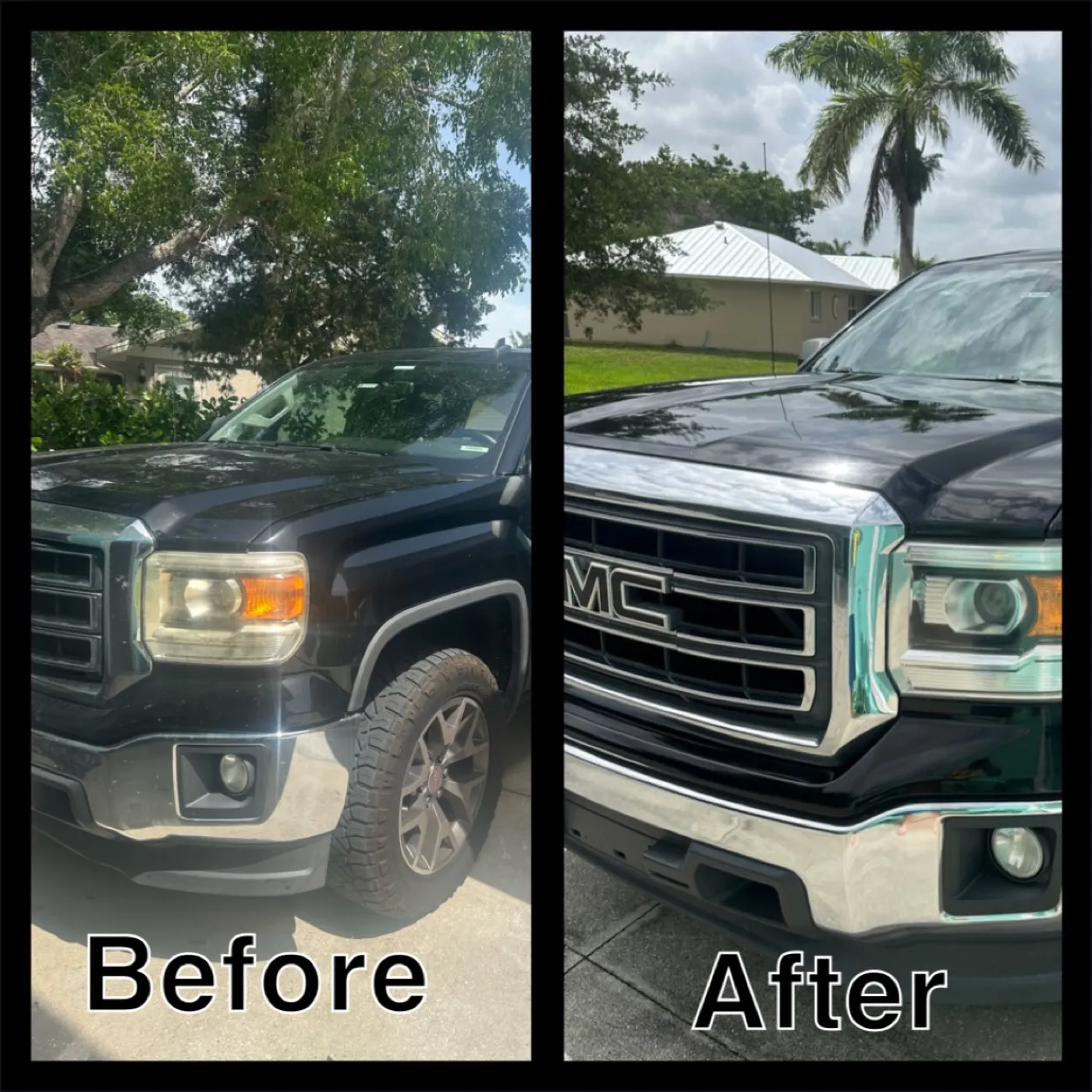 Before and after headlight restoration in Naples FL: oxidized yellow lens on the left, clear lens on the right, same truck